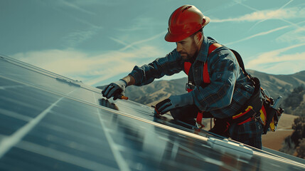 A handyman installing solar panels on the rooftop. Solar power engineer installing solar panels, on the roof, electrical technician at work, alternative renewable green energy generation concept	