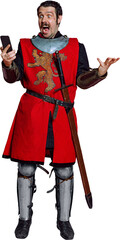Modern lifestyle. Comic portrait of medieval warrior or knight wearing wearing armor clothing using...
