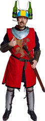 Portrait of funny looking man, medieval warrior or knight in beer helmet and protective armor...