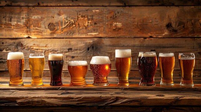 Beer glasses with different levels of beer, placed on a rustic table, blank space in the center for drink specials