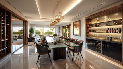 A modern dining room with a long glass table, designer chairs, a statement chandelier, and a built-in wine rack.