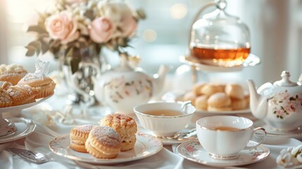 Elegant high tea setup with pastries, scones, and tea