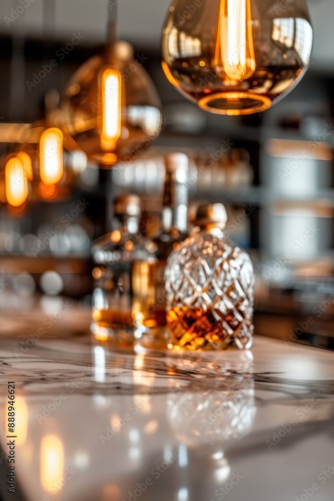 Poster a bar with a counter top and a sink. the counter top is made of granite and has a few bottles of liq
