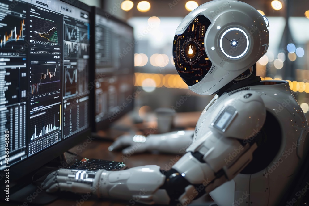 Poster white robot analyzing data on computer in office setting