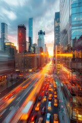 Fototapeta premium A cityscape with tall buildings and a street view. The buildings are lit up at night, creating a warm and inviting atmosphere. The street is busy with cars and people