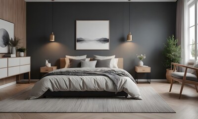 Luxurious white bedroom interior design with gray carpet gray wall and white paint. Luxurious Wood bed with white bedding living interior