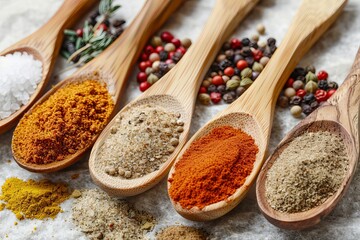 Wooden spoons filled with spices and herbs on a light gray surface