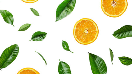 The vibrant beauty of a freshly cut half orange, adorned with lush green leaves, perfect for illustrating healthy eating, summer themes, and the joy of citrus fruits in your culinary creations.