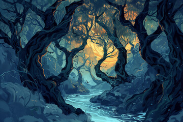 Mystical Forest Scene with Gnarled Trees and Flowing River at Dawn or Dusk, Contrasting Colors for Fantasy or Adventure Themes.