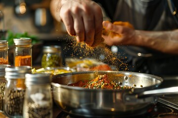 Chef seasoning dish with spices in kitchen