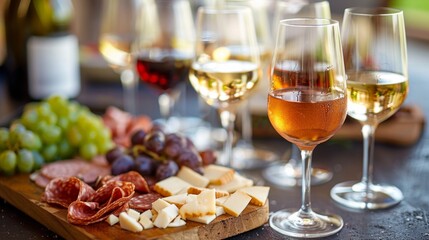 Elegant wine tasting event with glasses of red and white wine, charcuterie board, sophisticated and luxurious setting