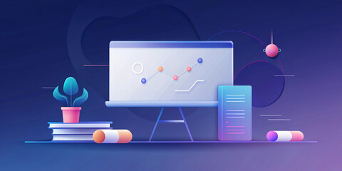 Obraz premium A conceptual illustration showing a professional giving a presentation to a team, with abstract elements and modern design, symbolizing education, training, and teamwork