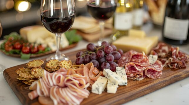 Elegant wine tasting event with glasses of red and white wine, charcuterie board, sophisticated and luxurious setting