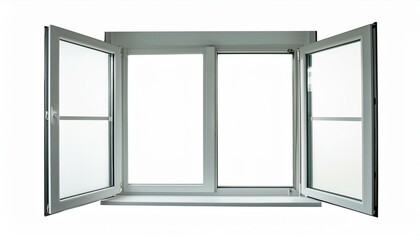 Obraz premium Modernes und minimalistisches Hausfenster zur Innendekoration, isoliert auf weißem Hintergrund, offener Büro-Glasfensterrahmen.