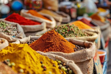 Fototapeta premium Colorful spices displayed in burlap sacks at an indian market