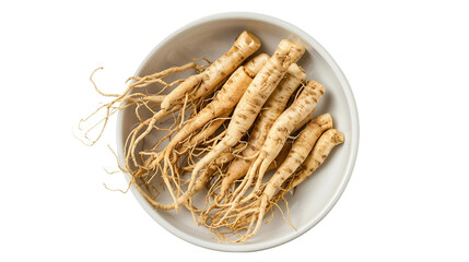 Ginseng and ginseng root are celebrated for their numerous health benefits. This image showcases raw ginseng roots isolated on a transparent background