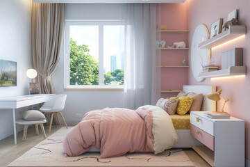 Children's room interior in pink color.