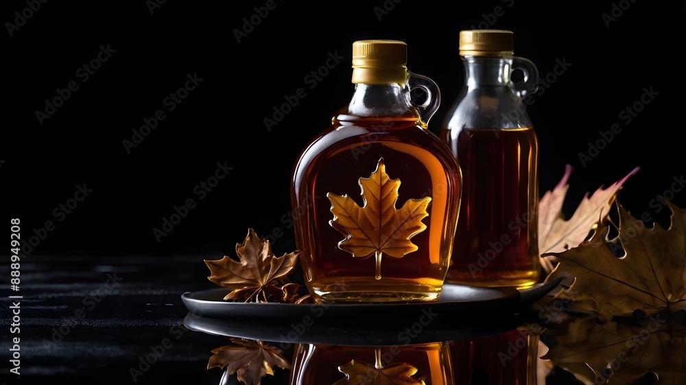 Wall mural glass bottle of sweet maple syrup liquid on black background empty copy space, organic brown sirup