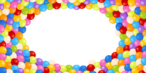 Cartoon balls background. Round multicolored chewing gum. Kids entertainment area elements. Children border. Plastic spheres. Sweets and candies heap. Gumball dragee. Recent vector frame