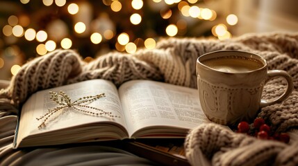 Warm Winter Scene: Cup of Coffee on an Open Book on Wooden Tray with Knitted Clothes, Highlighted by Festive Christmas Lights in the Background - Good Morning