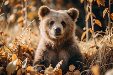 Fototapeta premium A cute little bear cub sitting among the autumn yellow foliage. Animal hunting. Poaching.