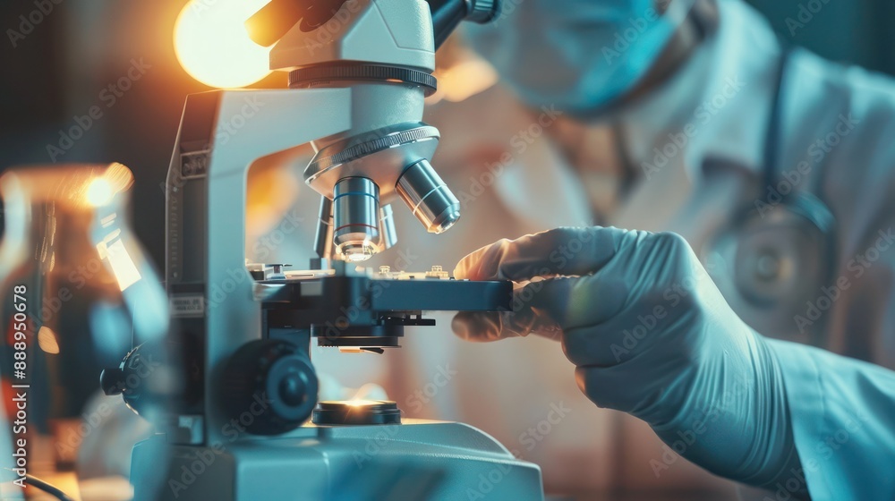 Poster scientist watching sample test with microscope and lecture.