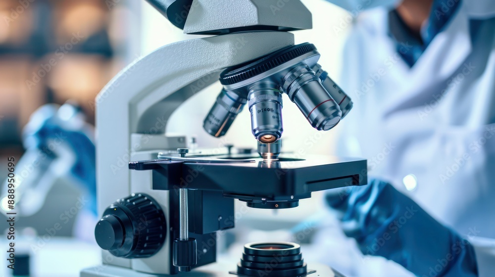 Poster scientist watching sample test with microscope and lecture.