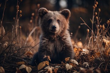Obraz premium A cute little bear cub sitting among the autumn yellow foliage. Animal hunting. Poaching.