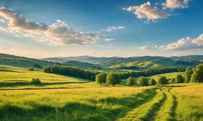 Fototapeta premium Green rolling hills with a dirt path leading through the field