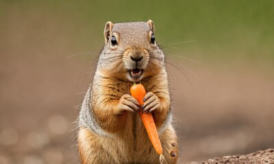 Fototapeta premium Ground squirrel holding a carrot with its paws