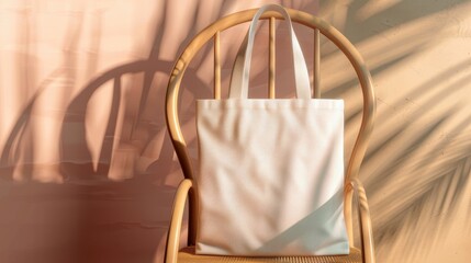 A white canvas bag sits on a wooden chair with a bunch of dried flowers on the ground. The bag is empty and the flowers are brown and wilted. Concept of nostalgia and a feeling of loss