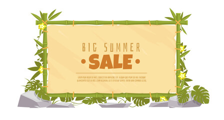 Bamboo frame banner. Cartoon tropical signboard. Monstera leaves. Tied trunks and stones. Summer discount. Stretched parchment or leather for text. Vector sale advertising background
