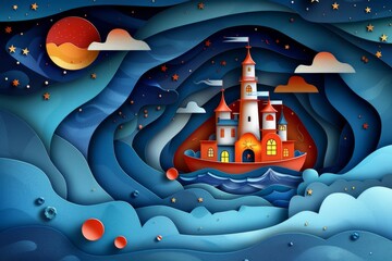 Space themed scene with a castle and planets creating a whimsical and fantastical atmosphere