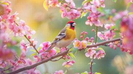 A Colorful Bird Perched on a Branch with Pink Blossoms