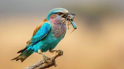Vibrant Blue-Crested Roller with Prey in Its Beak