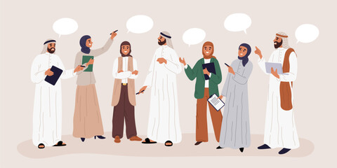 Arab business team. Office men and women in Muslim robes. Arafats and hijabs. Collaboration or discussion of project. Group communication. Brainstorm meeting. Garish vector concept