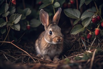 Fototapeta premium A cute gray bunny sitting among the spring foliage and strawberries. Animal hunting. A pest in the garden.