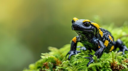 Fototapeta premium Black and Yellow Salamander on Mossy Ground