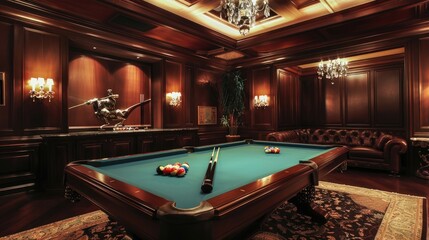 A sophisticated billiards room with a custom pool table, dark wood paneling, leather seating, and a chandelier.