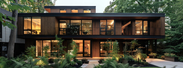 Maison d'architecte design et moderne avec façade en bois foncé et acier noir, verdure devant les fenêtres, gazon dans l'allée du jardin.