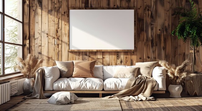 Salon rustique en bois avec un canap&eacute;, des coussins et un cadre d'affiche vide sur le mur, d&eacute;coration d'int&eacute;rieur confortable.