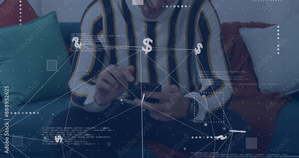 Poster image of dollar sign, network and data processing over caucasian man using smartphone