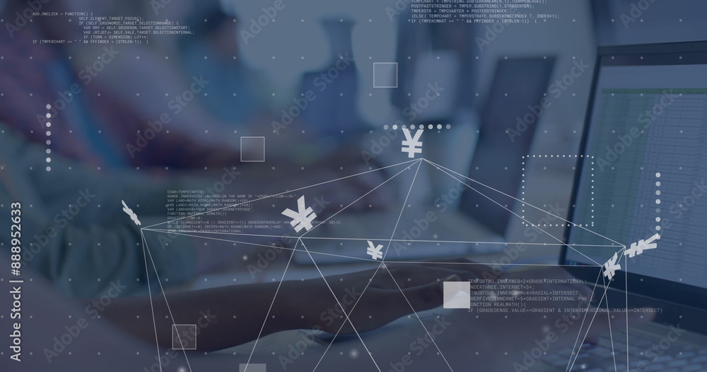 Poster image of currency sign, network and data processing over diverse people using laptops