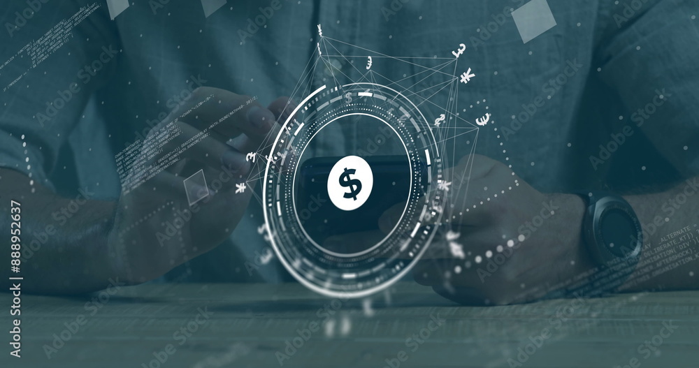 Poster image of dollar sign, network and data processing over caucasian man using smartphone