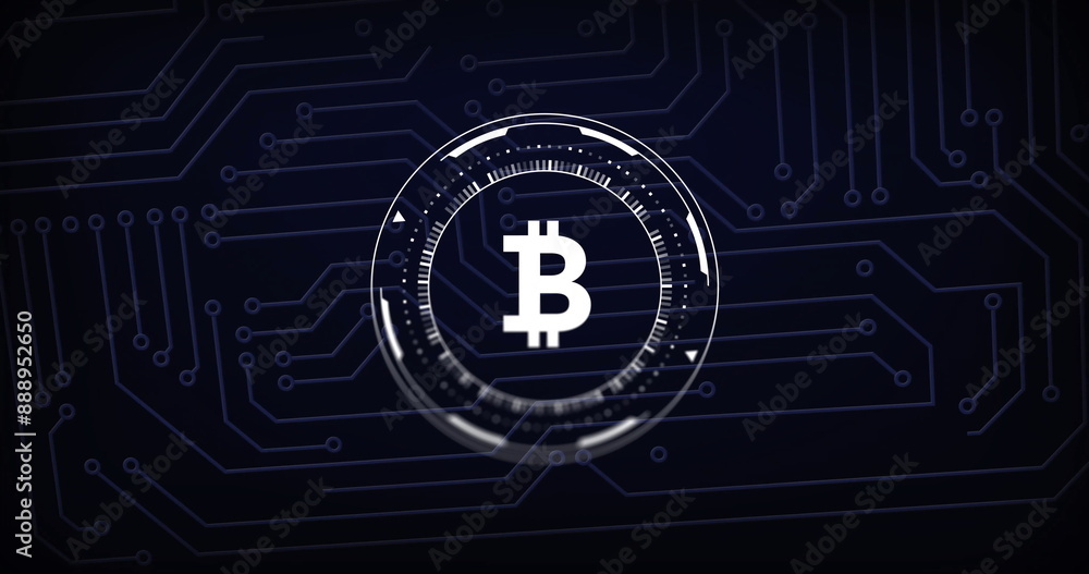 Poster image of bitcoin sign, circuit board and data processing over black background