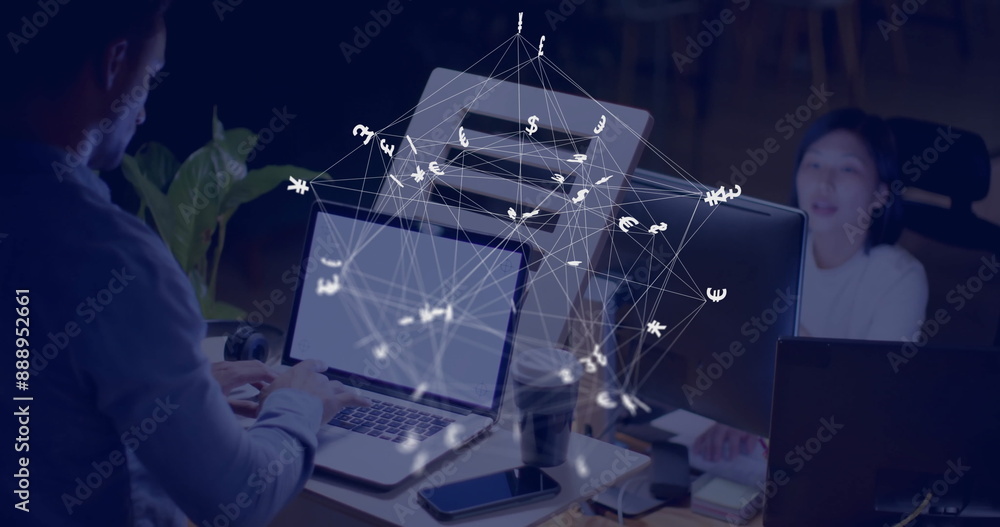 Poster image of currency signs, network and data processing over caucasian man using laptop