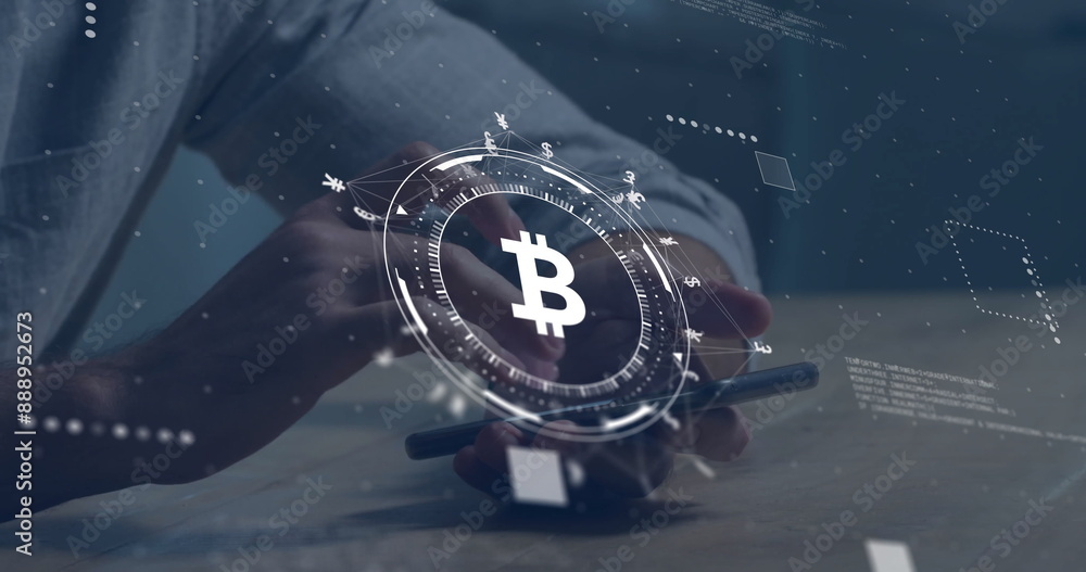 Poster image of bitcoin sign, network and data processing over caucasian man using smartphone