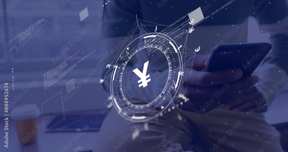 Poster image of yen sign, network and data processing over caucasian man using smartphone