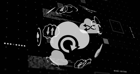 Naklejka premium Image of globe with cloud icons and data processing over black background