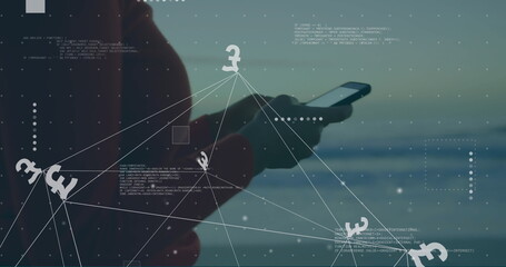 Image of currency sign, network and data processing over caucasian woman using smartphone